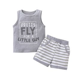 Citgeett Summer Kids Baby Boys Fashion 2 piece Outfit Set Sleeveless Letter Print Tops Striped Shorts Gray Clothes 220705