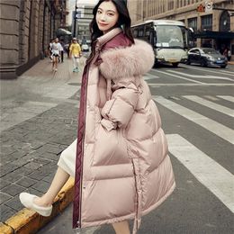 Bella Women Winter Women Raccoon Fur Hooded White Duck Down Coat pink Solid Thick Warm Loose Female Parkas 201209