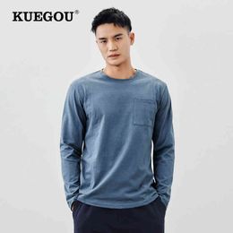KUEGOU 100 Cotton Graphic T-Shirt For Mens Vintage Pocket Tee Shirt Man Long Sleeve Top Male Fashion New Oversized Tshirt 60073 T220808