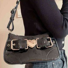 hot metal girl UK - Xiuya Motorcycle Style Cool Shoulder Bag 2022 odile Pattern Black Hot Girls Underarm Cell Phone Bag Metal Heart Handbags G220429