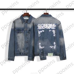 Fashion designer Men's Jacket High Quality Tide Brand Off-ow Basic Slogan Warning Line Tape Arrow Washed Old Denim