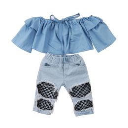 Clothing Sets Toddler Kids Baby Girls Off Shoulder Tops Denim Pants Hole Jeans Outfits Clothes Summer Fashion Csual ClothesClothing