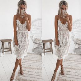 Summer Fashion Lace Patchwork Sexy Deep V Neck Spaghetti Straps Women Dress Casual Solid Loose Backless Elegant Lady 220629