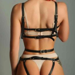 Nxy Bondage Sexy Women Leather Harness Punk Gothic Belt Erotic Bra Cage Suspender Body Bust Garter Adjustable Fetish 220421