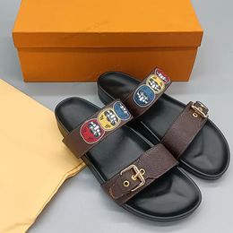 Designer printed slippers classic vintage double buckle flat heels real leather rivets beach gladiator slides sandal shoes with box