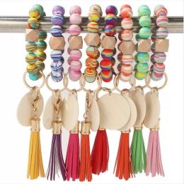 Bead Wood Bracelet Jewellery Leopard Grain Tassel Colourful Hand Beaded Bracelets Bangle Rainbow Fringe Wrist Key Ring Keychains Pendant Bag Accessories