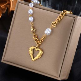 Pendant Necklaces Stainless Steel Fashion High-end Jewellery 43cm Irregular Love Heart Pearl Charm Thick Chain Pendants For WomenPendant