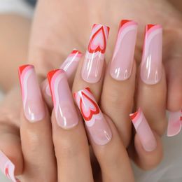 fake square tip nails UK - False Nails Pink Square Extra Long Faux Ongles Rose Heart Drawing Flat Top Fake With Design Mix Color Tips 24False