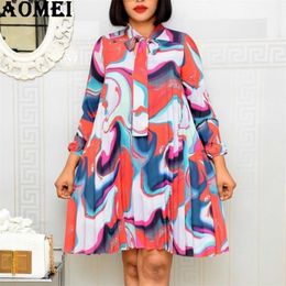 Women Printed Pleated Dresses Long Sleeve Loose with Bowtie Collar Loose Female Vestidos African Fashion Summer Robes Large Size 210303