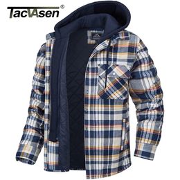 TACVASEN Men's Flannel Shirt Jacket with Removable Hood Plaid Quilted Lined Winter Coats Thick Hoodie Outwear Man Fleece Shirts 220322