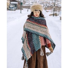 Scarves Vintage Boho Cloaks Capes Top Red Women Autumn Winter Floral Knitted Poncho Tassels Chic Cloak OutwearScarves