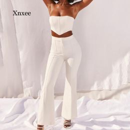 Women's Tracksuits Solid Strapless Summer Two Piece Set Women Crop Top And Pants Sexy Club Sets Fashion White Corset Outfits Clothing SuitWo