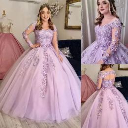 Lilac Quinceanera Dresses 3D Floral Lace Applique Floor Length Tulle Long Sleeves Corset Back Pageant Prom Party Ball Gown Vestidos 403