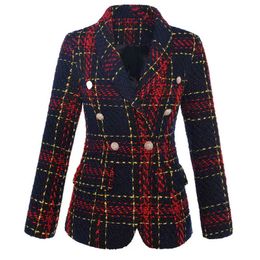 B790 Womens Suits & Blazers Premium New Style Top Quality Original Design Women's Classic Double-Breasted Metal Buckle Blazer Cheque Textured Plaid Slim Jacket Coat