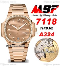 MSF 7118 A324 Automatic Ladies Womens Watch Diamonds Bezel Rose Gold Champagne Textured Dial Stick Stainless Steel Bracelet Super Edition Watches Puretime E5