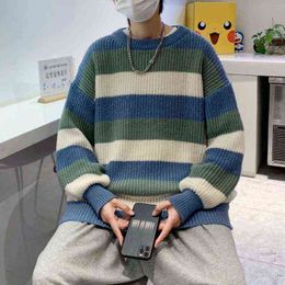 Men Vintage Stripe Sweater Japanese Hip Hop Korean Couples Sweater Sweaters Loose Fashion Casual 2022 Winter New Sweater Tops L220730