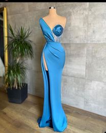 One Shoulder Handmade Flowers Prom Dresses Beaded Evening Dress Custom Made Sleeveless Side Split Women Formal Celebrity Party Gown