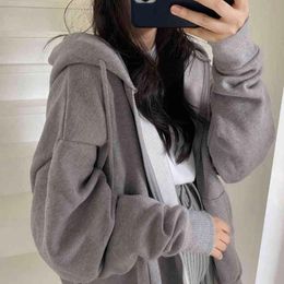Women hoodie Harajuku Korean zip up hoodie Y2k loose thin long sleeved hooded sun protection coat solid color retro shirt girl Y220803