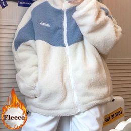 Women's Hoodies & Sweatshirts 2022 Winter Women Plus Velvet Patchwork Zip-up Long Sleeve Lambswool Oversized Coats Casual Korean Warm White