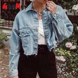 Spring Autumn Crop Denim Jacket Women Long Sleeve Boyfriend Style Casual Blue Jean Lady Vintage Button Top Coat 210428