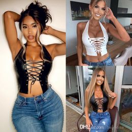 2023 Designer Tanks Sexy Womens PU Vest Sleeveless Cardigan Exposed Navel Hanging Neck Bandage Leather Tops