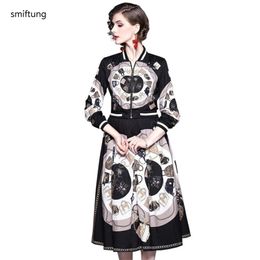 wholesale smiftung Spring women s jacket and skirt suit Autumn fashion black printing Vintage suits long sleeve LJ201126