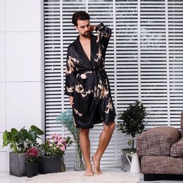 Men's Sleepwear Big Size 4XL 5XL Black Men Robe Kimono Gown Male Satin Nightwear Long Sleeve Bathrobe Print Pajamas Home WearMen's