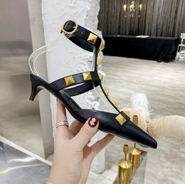 Sandals Spring and Autumn New Women High-heeled Flat Shoes Decoration Pointed Toe Sandals Black Fashion Sandals with Dust Bag J230525