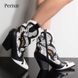 Perixir Autumn New Retro Leather Ankle Boots Woman Pointed Toe Microfiber Mixed Colour Low Heel Boots Women Cowboy Boots 201102