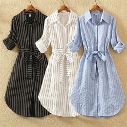 Striped Women Dress Tunic Long Sleeve Elegant Shirt Dress Blue White Black Autumn Ladies Casual Stripe Short Dress Lace Up T200117
