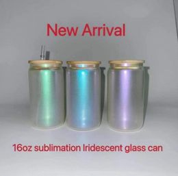12oz 16oz Sublimation iridescent Glass Can Rainbow Glass Shimmer Beer Tumbler Frosted Drinking Glasses With Bamboo Lid And Reusable Straw holographic