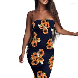 Casual Dresses Women Dress Sleeveless Tube Mid Calf Sexy Strapless Sunflower Print Bandeau DressClubwear Daily Tight Off Shoulder