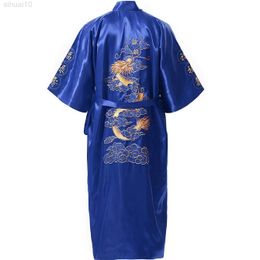 Plus Size Xxxl Blauwe Chinese Vrouwen Zijdeachtig Satijn Gewaad Nieuwigheid Borduurwerk Dragon Kimono Yukata Bad Gown Nachtkleding L220803