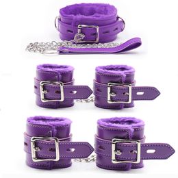 Purple Faux Leather Lockable Handcuffs Wrist Ankle Cuffs Neck Collar with Chain Restraint Set BDSM Bondage sexy Toys Women Men Beauty Items