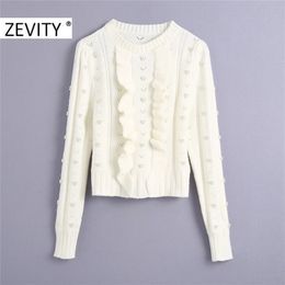 Zevity Women O Neck Agaric Lace Pearl Beading Knitting Sweater Female Chic Puff Sleeve Hollow Out Ruffles Pullover Tops S446 201225