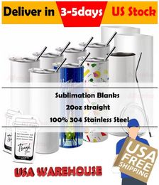 US Warehouse Sublimation Blanks Tumblers 20oz Stainless Steel Straight Blank Mugs white Tumbler with Lids and Straw Heat Transfer Gift Mug Bottles sxm27
