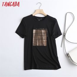 Tangada Women Black Letter Golden Print Cotton T Shirt Short Sleeve Tees Ladies Casual Tee Street Wear Top 6D04 220402