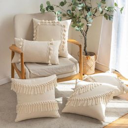 Cushion/Decorative Pillow Boho Beige Handmade Fringed Cushion Cover Cotton Weave Tassel Case Plain Wabi-sabi Covers Decorative For HomeCushi