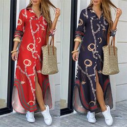 Women Long Sleeve Shirt Dress Casual Boho Printed Dresses Fashion Summer Single Breasted Button Party Female Maxi Dress Vestidos 220527