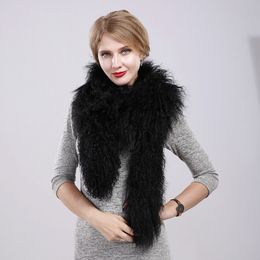 Real Mongolia Lamb Fur Scarf Shawl Wraps Double Sides Fur Neckerchief Black Grey