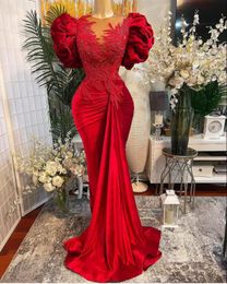 Plus Size Arabic Aso Ebi Red Mermaid Lace Prom Dresses Beaded Sheer Neck Velvet Evening Formal Party Second Reception Gowns Dress Custom Made