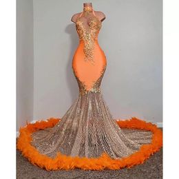ribbon prom dresses Australia - Black Girls Orange Mermaid Prom Dresses 2022 Satin Beading Sequined High Neck Feathers Luxury Skirt Evening Party Formal Gowns For Women B053021