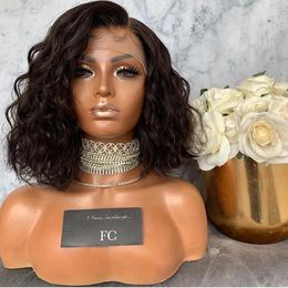 Lace Front Wigs Glueless Cut Short Bob Water Wave Dark Brown Synthetic Hair For Women Heat Resistant Fibre Natural Hairline