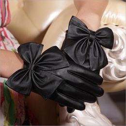 Five Fingers Gloves Womans Leather Butterfly Bow For Women Ladies Black Guantes Soft PU Fashion 109#2