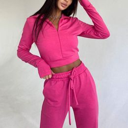 Women's Two Piece Pants Ladies Tracksuit Two-Piece Set Korean Casual With Gloves Zipper Sweatshirt And High-Waist Lace-Up Jogging Suit