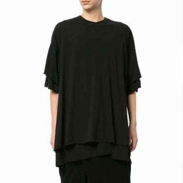 Men Oversize Short Sleeve Double Layer Design Loose Casual Black T Shirt Male Streetwear Hip Hop Punk Gothic Tshirt Tees Shirts L220704