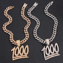 Pendant Necklaces Hip Hop Bling Crystal 1000 Number Necklace With 13mm Miami Cuban Link Chain For Women Men Punk Fashion JewelryPendant