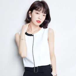 Women's Blouses & Shirts O-Neck Sleeveless Patchowork Chiffon Blouse Fashion White Shirt Women Elegant Black Summer Tops 2022Women's