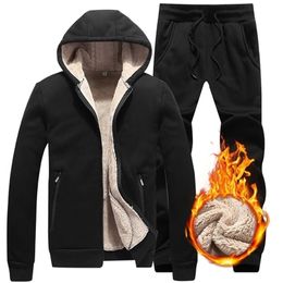 Mens suit Winter Thick Men Casual Tracksuit Sportswear Zipper Mens Hooded Sets Warm Plus Velvet Sports Suit Solid Colour 201210