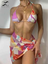 Sexy pink print swimsuit 3pieces mesh bikini set Triangle micro bikini String halter swimwear women Low waist bathing suit New Y220420